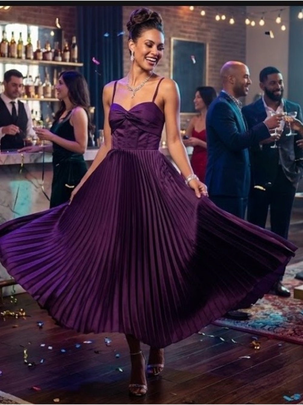 New Elegant Purple Pleated Midi Dress - Women